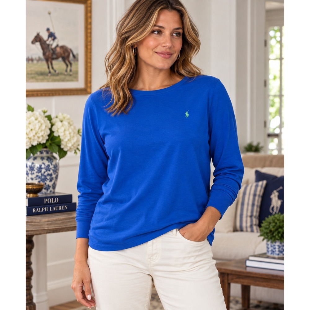 Polo Ralph Lauren Royal Blue Long Sleeve Boat Neck Tee Shirt Large 14-16